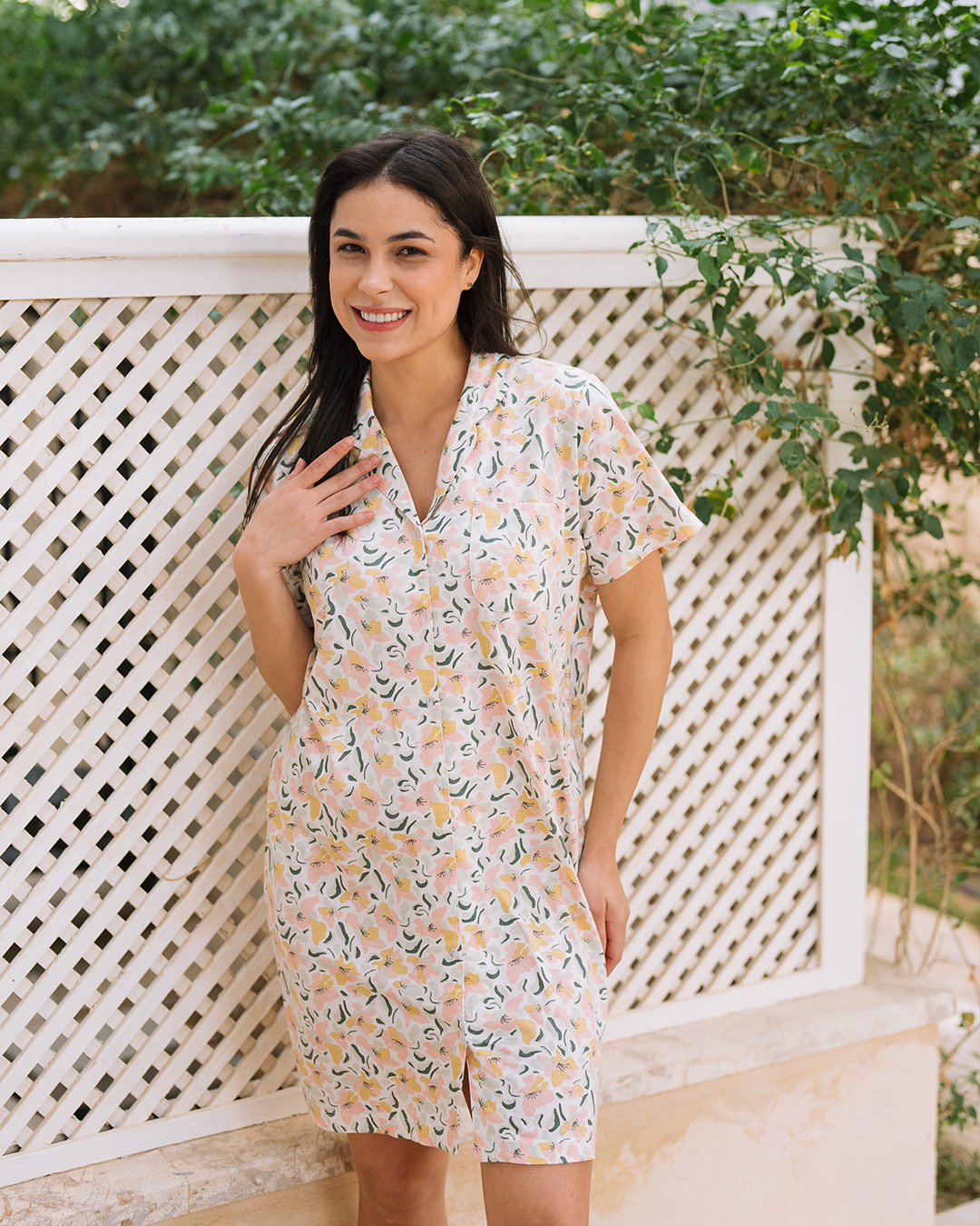 ميدي نسائي بزراير Women Nightshirt Colorful Flowers