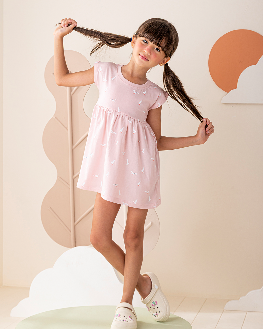 Cute Seagull فستان بناتي كتف ساقط