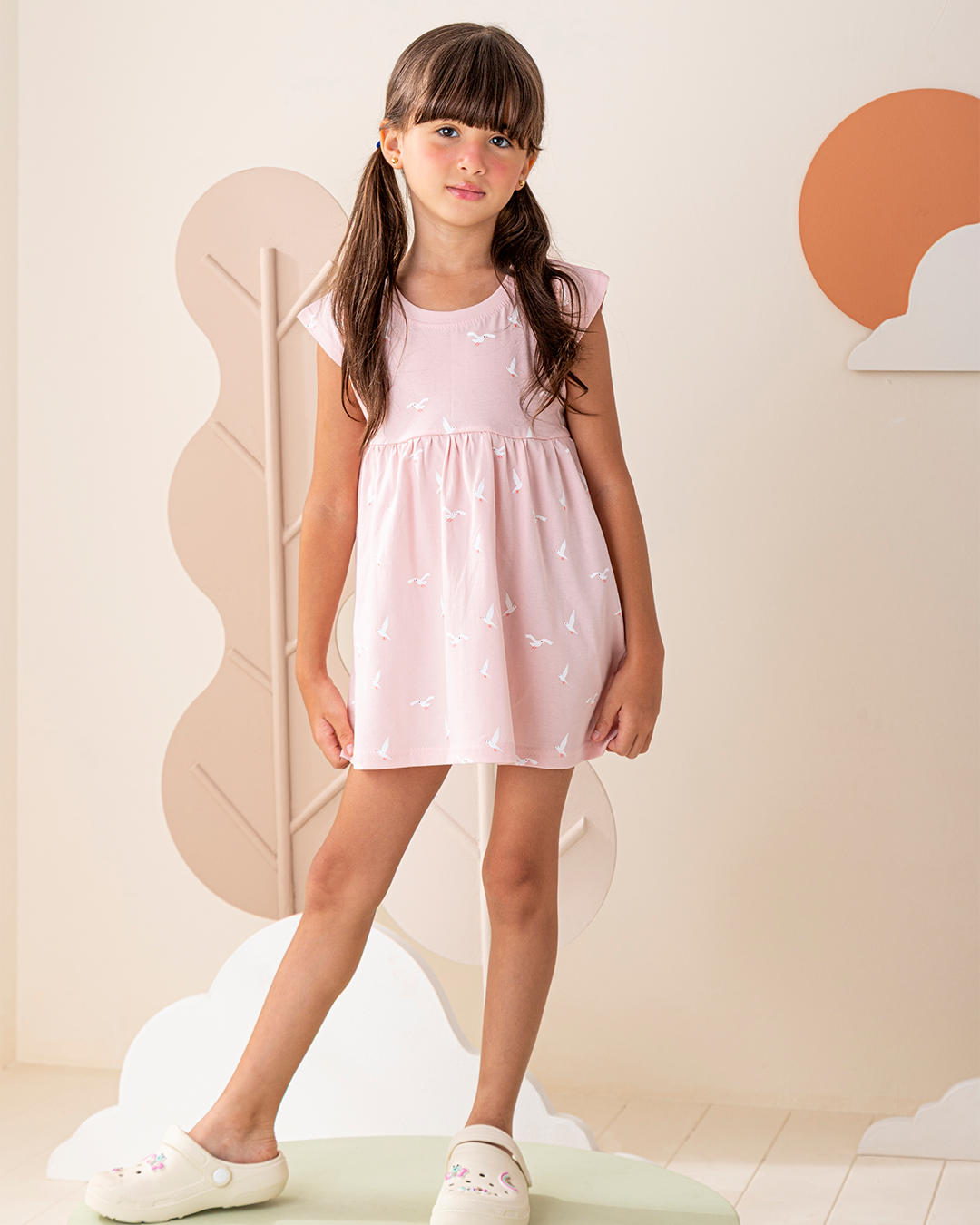 Cute Seagull فستان بناتي كتف ساقط